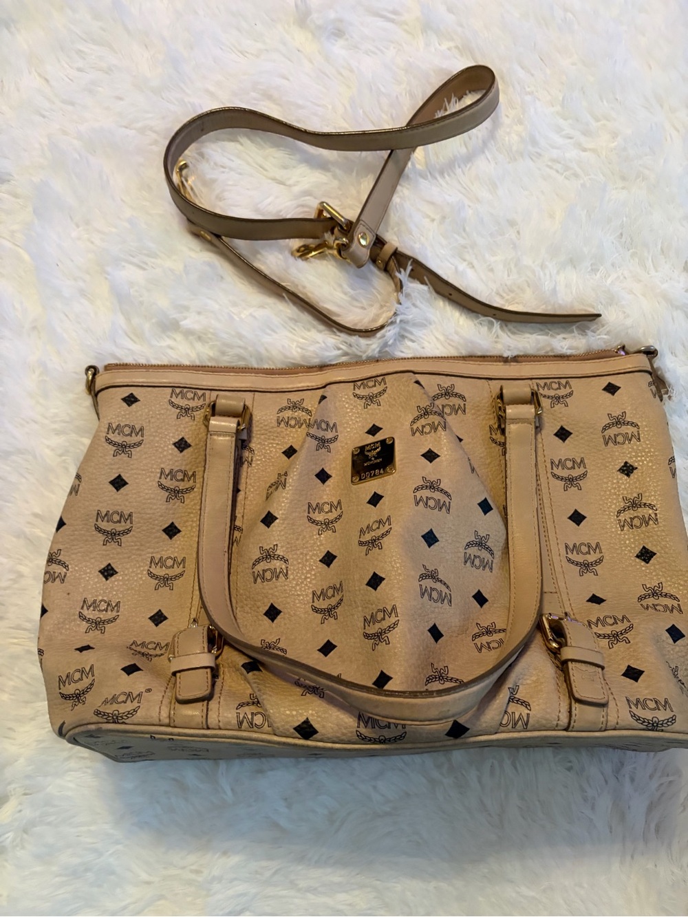 MCM Beige Visetos Monogram Tote with Gold Hardware